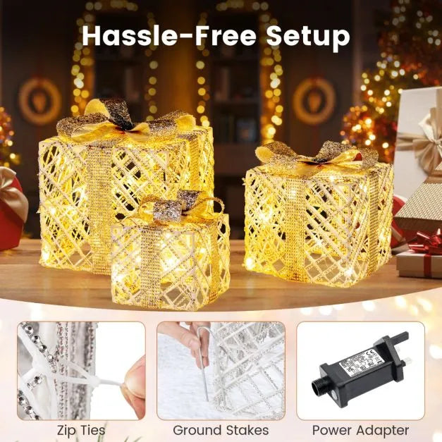 3-Piece Pre-Lit Christmas Gift Boxes – White | Decorative LED Present Set with Bows COSTWAY - Little and Giant Explorers Costway