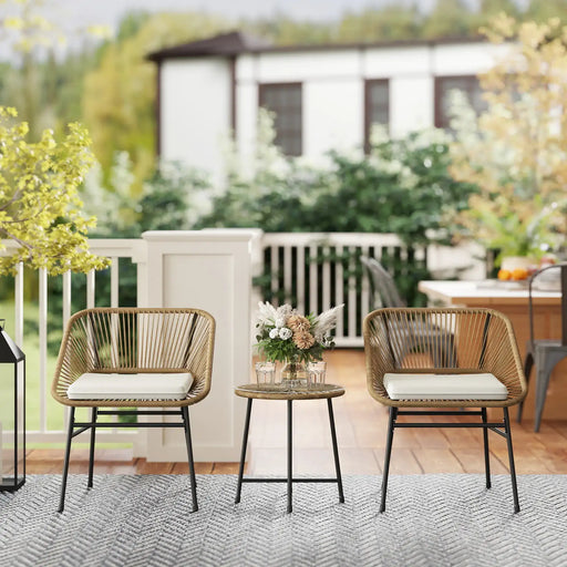 3 Piece Rattan Bistro Set with Cushions and Glass Top Coffee Table in Natural - Little and Giant Explorers Outsunny