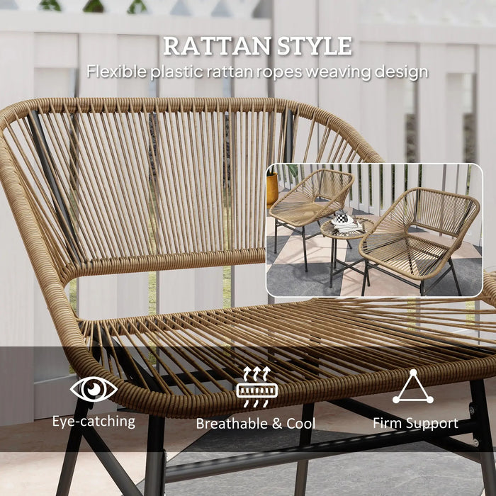 3 Piece Rattan Bistro Set with Cushions and Glass Top Coffee Table in Natural - Little and Giant Explorers Outsunny