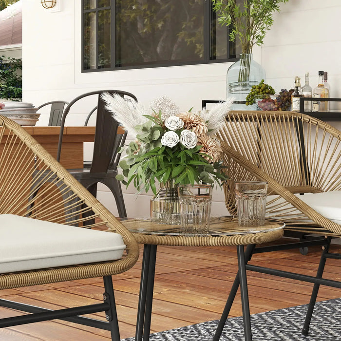 3 Piece Rattan Bistro Set with Cushions and Glass Top Coffee Table in Natural - Little and Giant Explorers Outsunny