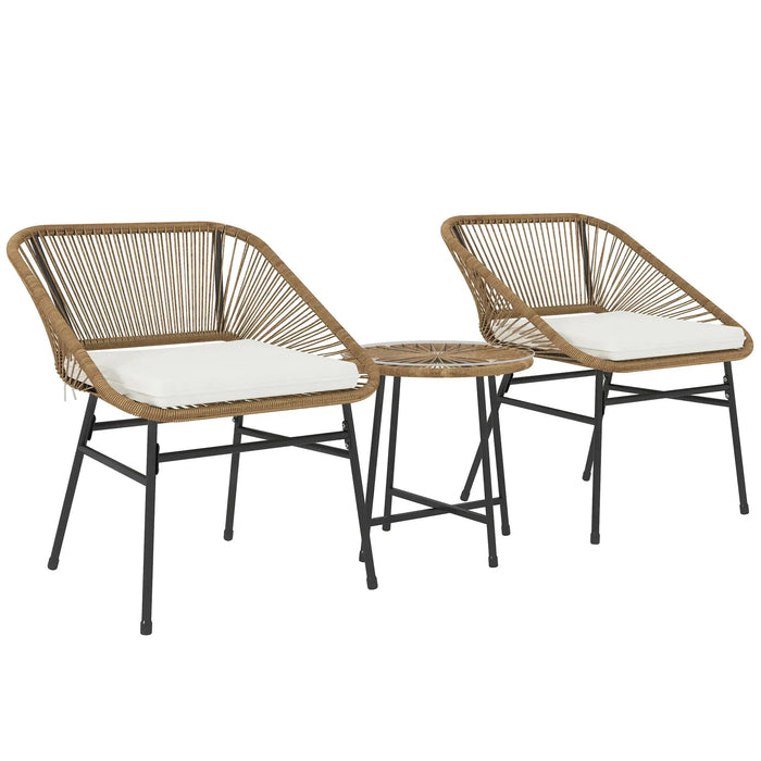 3 Piece Rattan Bistro Set with Cushions and Glass Top Coffee Table in Natural - Little and Giant Explorers Outsunny