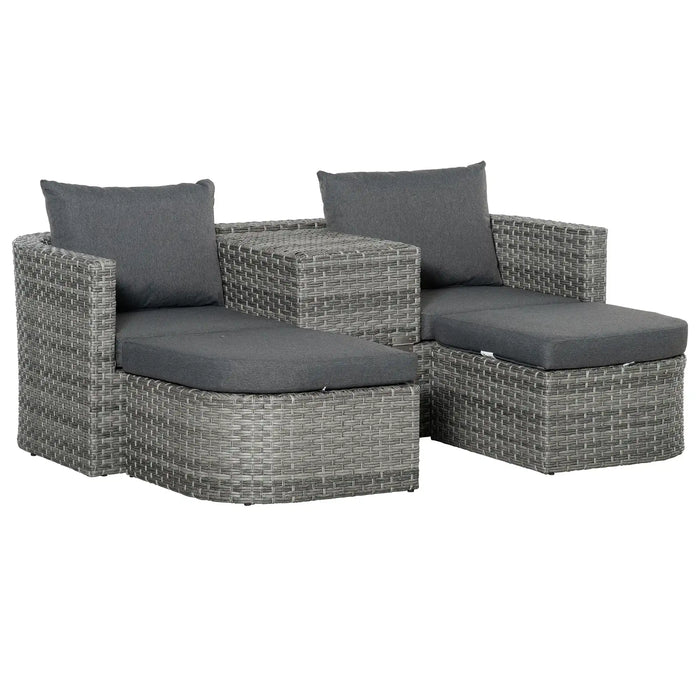 3-Piece Rattan Double Chaise Lounge with Cushions - Little and Giant Explorers Outsunny