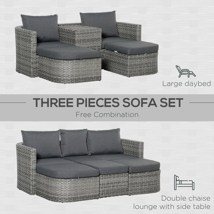 3-Piece Rattan Double Chaise Lounge with Cushions - Little and Giant Explorers Outsunny