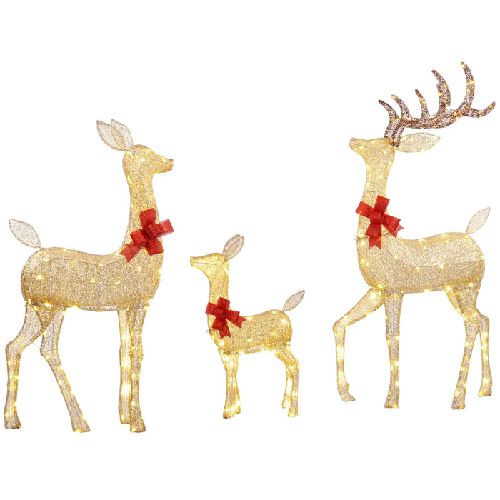 Set of three gold glitter lighted Christmas reindeer decorations with red bows
