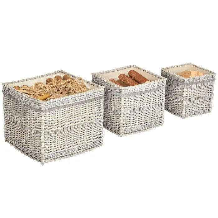 3-Piece Wicker Firewood Basket Set | Fabric Lining and Rope Handles - Rustic Willow Design OUTSUNNY - Little and Giant Explorers Outsunny
