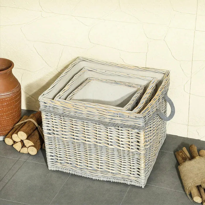 3-Piece Wicker Firewood Basket Set | Fabric Lining and Rope Handles - Rustic Willow Design OUTSUNNY - Little and Giant Explorers Outsunny