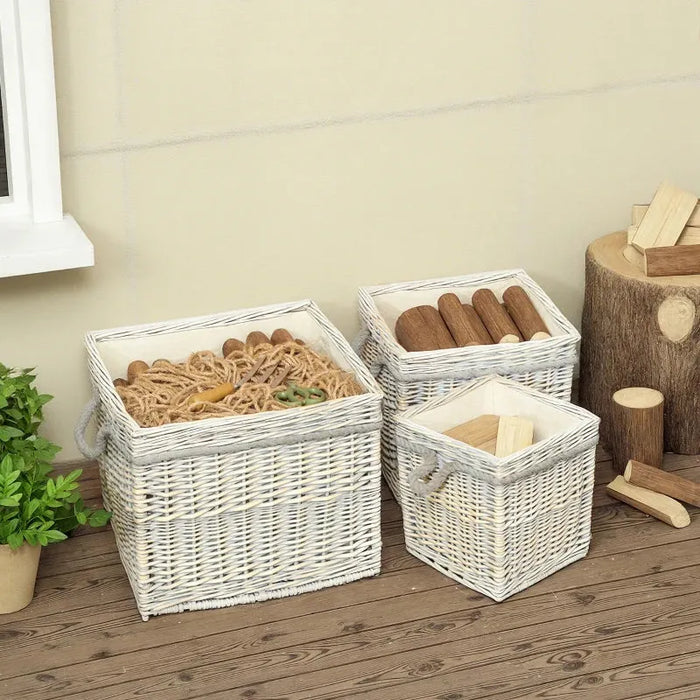 3-Piece Wicker Firewood Basket Set | Fabric Lining and Rope Handles - Rustic Willow Design OUTSUNNY - Little and Giant Explorers Outsunny