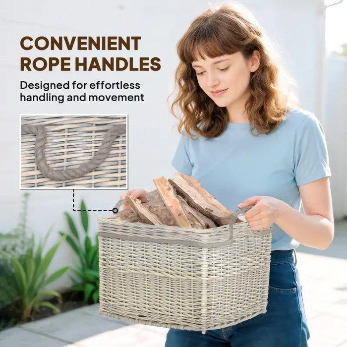 3-Piece Wicker Firewood Basket Set | Fabric Lining and Rope Handles - Rustic Willow Design OUTSUNNY - Little and Giant Explorers Outsunny