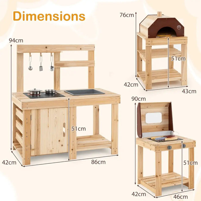 3-Piece Wooden Outdoor Mud Kitchen for Kids with BBQ and Pizza Oven - Little and Giant Explorers Costway