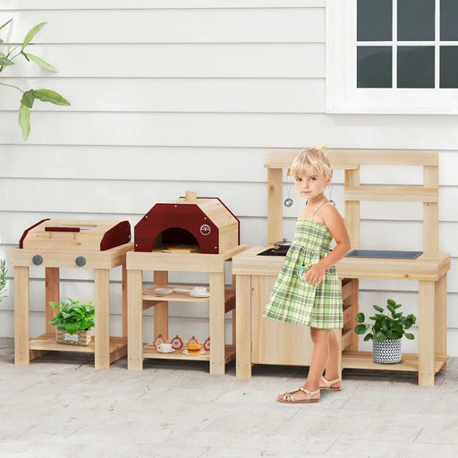 3-Piece Wooden Outdoor Mud Kitchen for Kids with BBQ and Pizza Oven - Little and Giant Explorers Costway