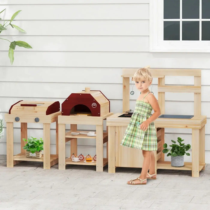 3-Piece Wooden Outdoor Mud Kitchen for Kids with BBQ and Pizza Oven - Little and Giant Explorers Costway