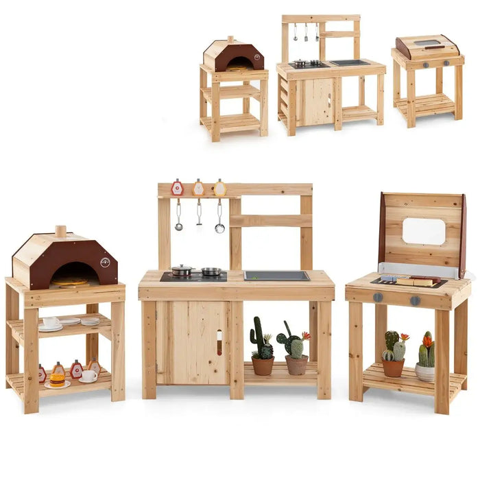 3-Piece Wooden Outdoor Mud Kitchen for Kids with BBQ and Pizza Oven - Little and Giant Explorers Costway