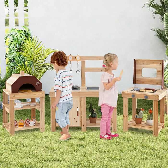 3-Piece Wooden Outdoor Mud Kitchen for Kids with BBQ and Pizza Oven - Little and Giant Explorers Costway