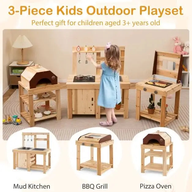3-Piece Wooden Outdoor Mud Kitchen for Kids with BBQ and Pizza Oven - Little and Giant Explorers Costway