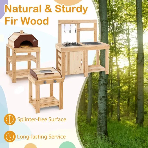 3-Piece Wooden Outdoor Mud Kitchen for Kids with BBQ and Pizza Oven - Little and Giant Explorers Costway