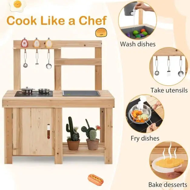 3-Piece Wooden Outdoor Mud Kitchen for Kids with BBQ and Pizza Oven - Little and Giant Explorers Costway