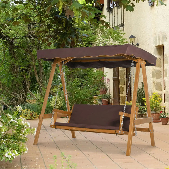 3 Seater Garden Swing Brown Fir Wood | Oxford Canopy for Adult Outdoor Relaxation - Little and Giant Explorers Outsunny