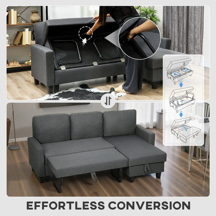 3-Seater Linen-Look Corner Sofa Bed – Charcoal Grey | Reversible Chaise HOMCOM - Little and Giant Explorers