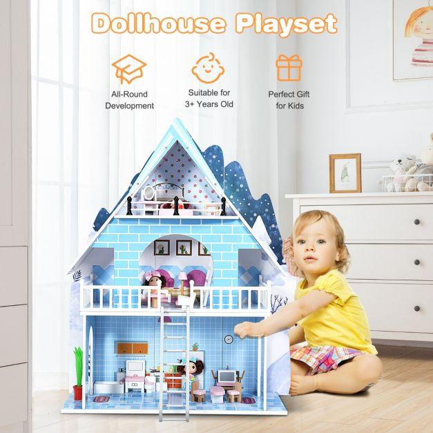 3-Storey Doll House With Furniture Accessories - Little and Giant Explorers Costway