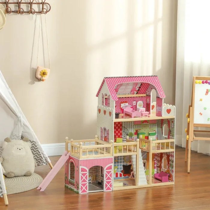 3 Storey Dolls House with 13 Pieces of Wooden Furniture and Accessories - Little and Giant Explorers AIYAPLAY