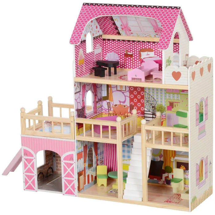 3 Storey Dolls House with 13 Pieces of Wooden Furniture and Accessories - Little and Giant Explorers AIYAPLAY