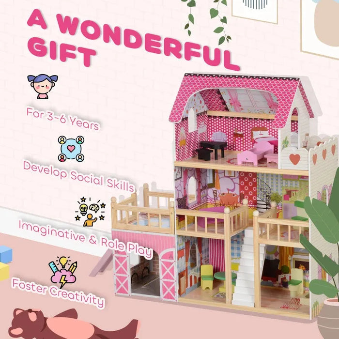 3 Storey Dolls House with 13 Pieces of Wooden Furniture and Accessories - Little and Giant Explorers AIYAPLAY