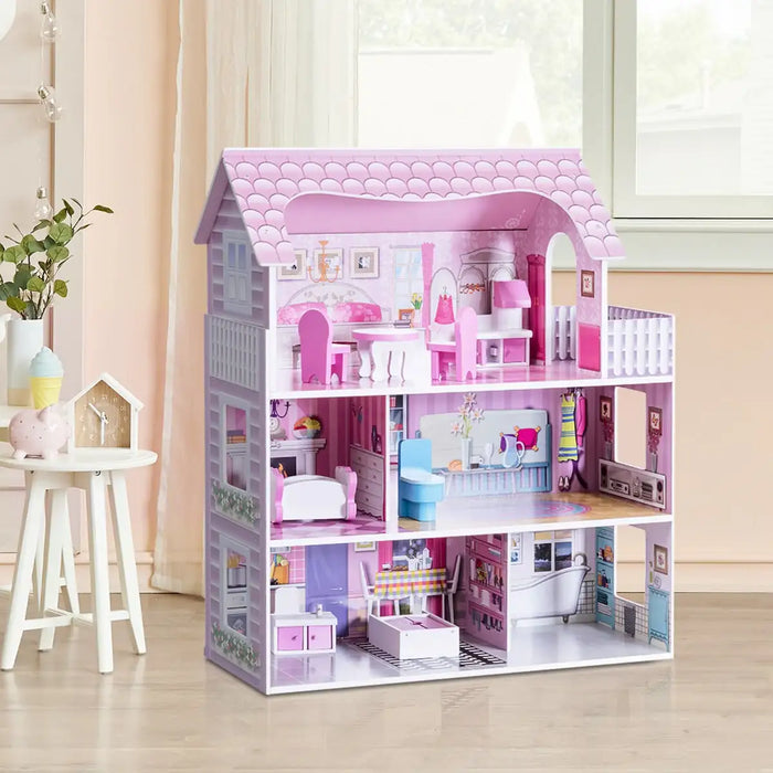 3-Storey Wooden Dollhouse – Pink | 5 Rooms, Balcony and Complete Furniture COSTWAY - Little and Giant Explorers Costway