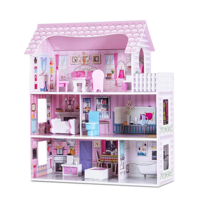 3-Storey Wooden Dollhouse – Pink | 5 Rooms, Balcony and Complete Furniture COSTWAY - Little and Giant Explorers Costway