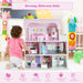 3-Storey Wooden Dollhouse – Pink | 5 Rooms, Balcony and Complete Furniture COSTWAY - Little and Giant Explorers Costway
