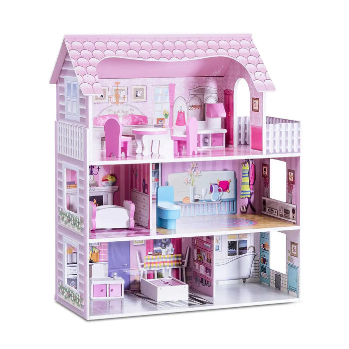 3-Storey Wooden Dollhouse – Pink | 5 Rooms, Balcony and Complete Furniture COSTWAY - Little and Giant Explorers Costway