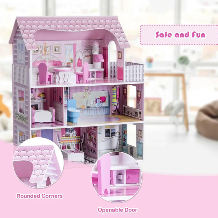 3-Storey Wooden Dollhouse – Pink | 5 Rooms, Balcony and Complete Furniture COSTWAY - Little and Giant Explorers Costway