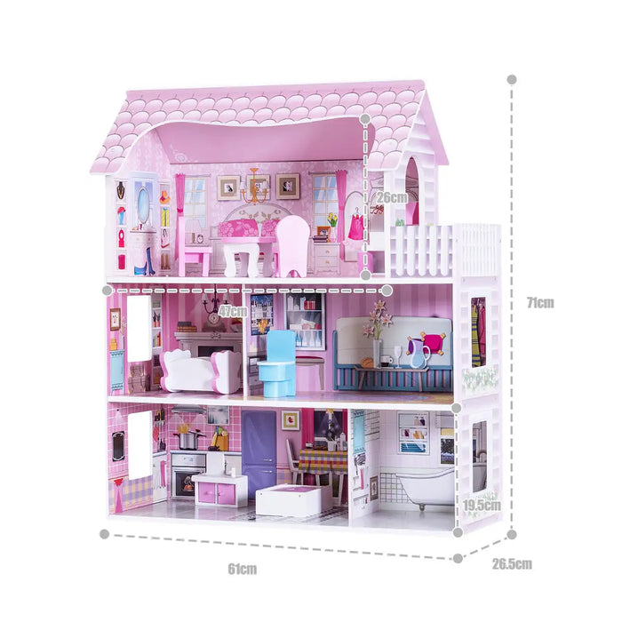 3-Storey Wooden Dollhouse – Pink | 5 Rooms, Balcony and Complete Furniture COSTWAY - Little and Giant Explorers Costway