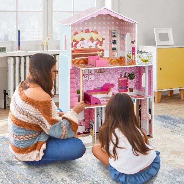 Wooden Dollhouse with Simulated Rooms and Furniture Set - Little and Giant Explorers Costway