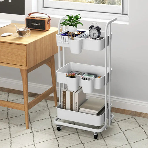 3-Tier Rolling Cart White Metal | Foldable Storage with Hooks and Cups - Little and Giant Explorers Costway
