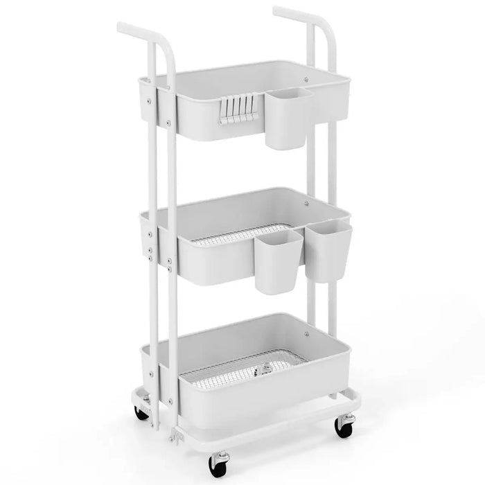 3-Tier Rolling Cart White Metal | Foldable Storage with Hooks and Cups - Little and Giant Explorers Costway