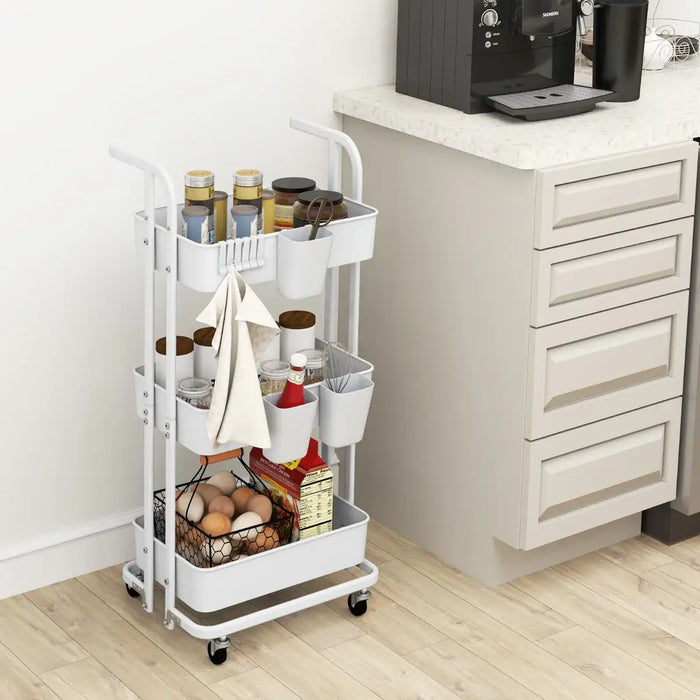 3-Tier Rolling Cart White Metal | Foldable Storage with Hooks and Cups - Little and Giant Explorers Costway