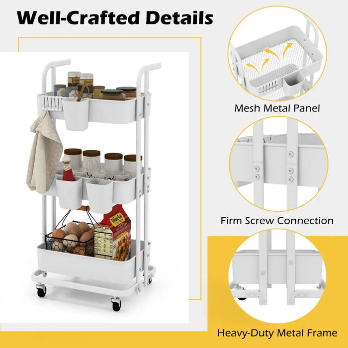 3-Tier Rolling Cart White Metal | Foldable Storage with Hooks and Cups - Little and Giant Explorers Costway