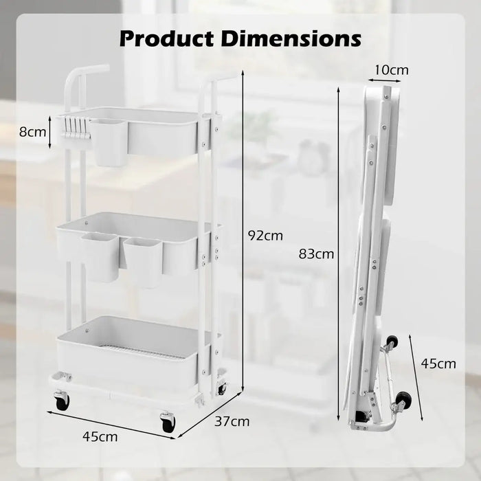 3-Tier Rolling Cart White Metal | Foldable Storage with Hooks and Cups - Little and Giant Explorers Costway