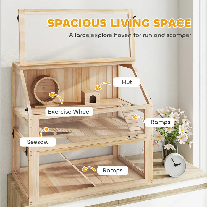 3-Tier Hamster Cage – Natural Wood | Seesaw, Ramp, Exercise Wheel and Hut PAWHUT - Little and Giant Explorers PawHut