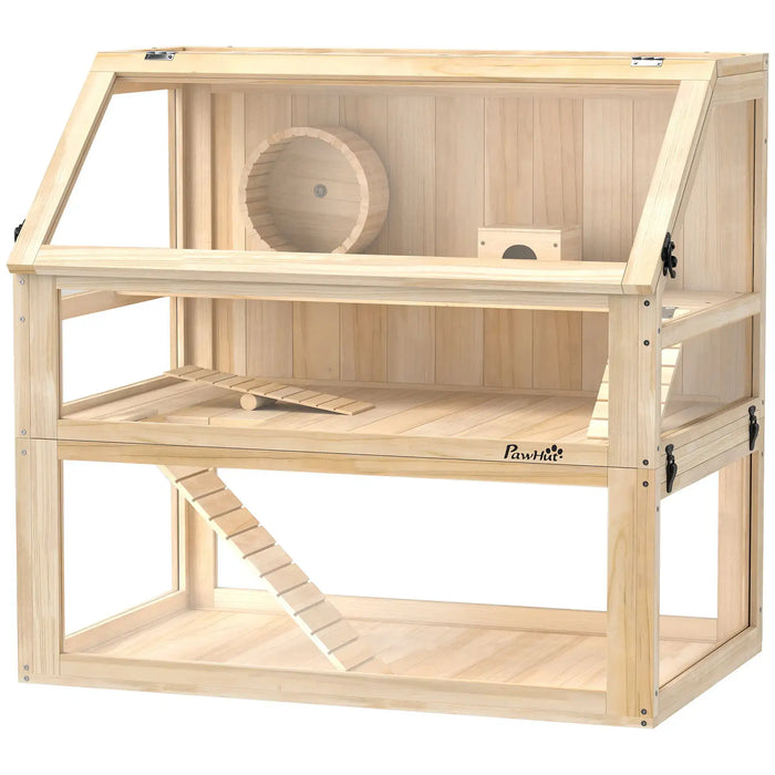 3-Tier Hamster Cage – Natural Wood | Seesaw, Ramp, Exercise Wheel and Hut PAWHUT - Little and Giant Explorers PawHut