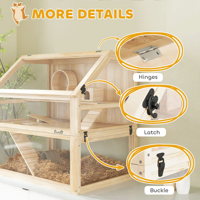 3-Tier Hamster Cage – Natural Wood | Seesaw, Ramp, Exercise Wheel and Hut PAWHUT - Little and Giant Explorers PawHut
