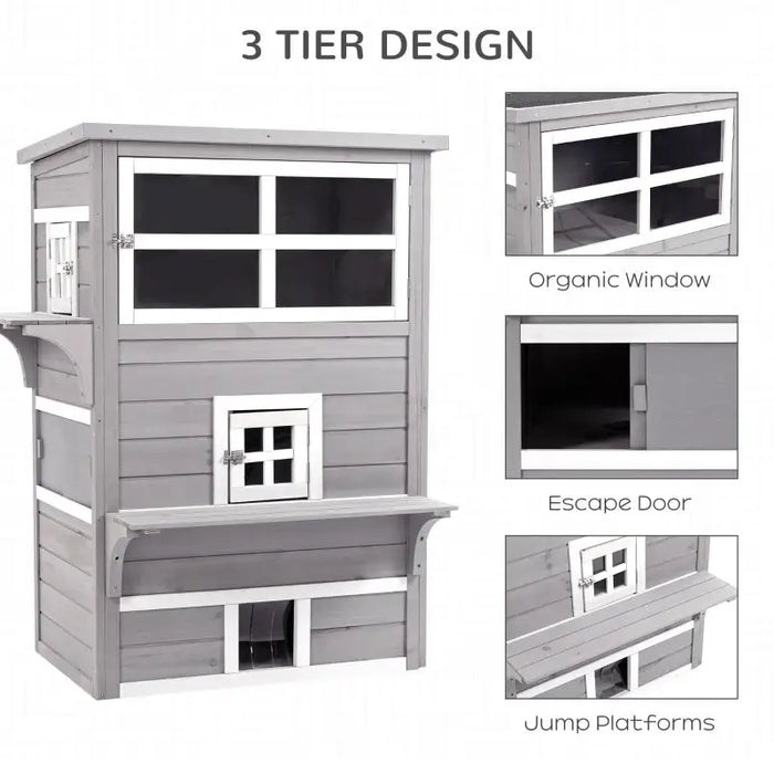 3-Tier Outdoor Cat House – Grey and White | Asphalt Roof, Windows and Platforms PAWHUT - Little and Giant Explorers PawHut