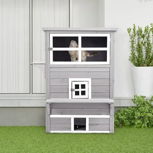 3-Tier Outdoor Cat House – Grey and White | Asphalt Roof, Windows and Platforms PAWHUT - Little and Giant Explorers PawHut