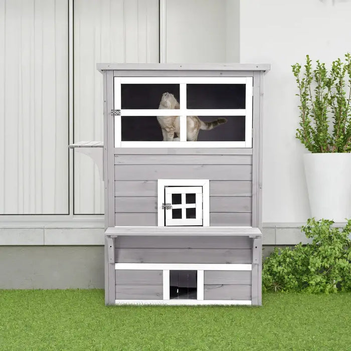 3-Tier Outdoor Cat House – Grey and White | Asphalt Roof, Windows and Platforms PAWHUT - Little and Giant Explorers PawHut