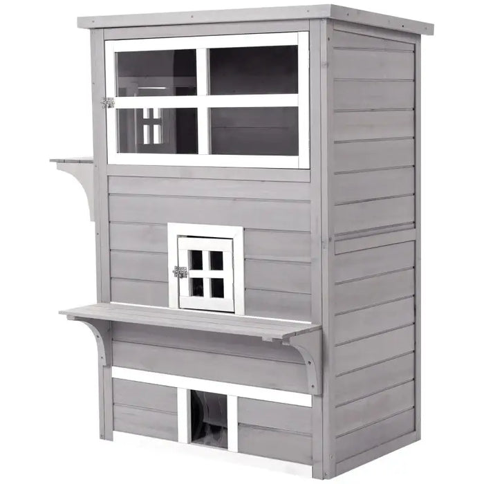 3-Tier Outdoor Cat House – Grey and White | Asphalt Roof, Windows and Platforms PAWHUT - Little and Giant Explorers PawHut