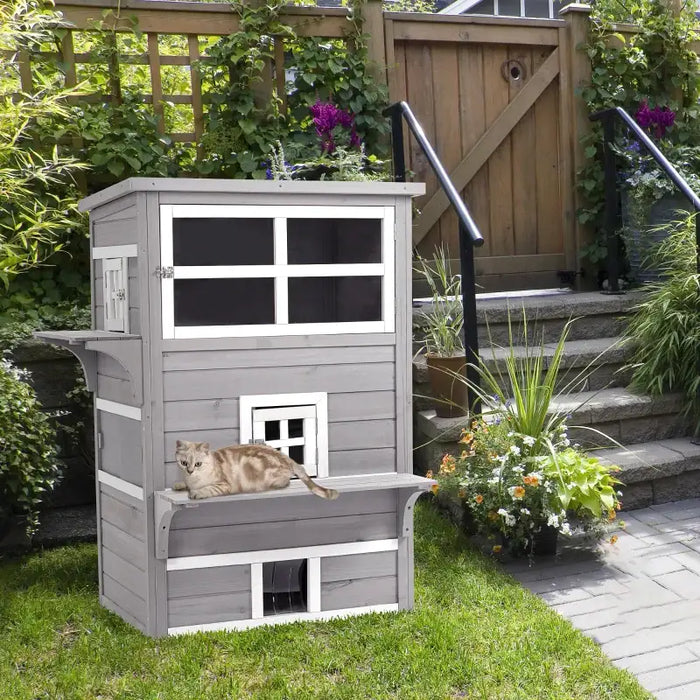 3-Tier Outdoor Cat House – Grey and White | Asphalt Roof, Windows and Platforms PAWHUT - Little and Giant Explorers PawHut
