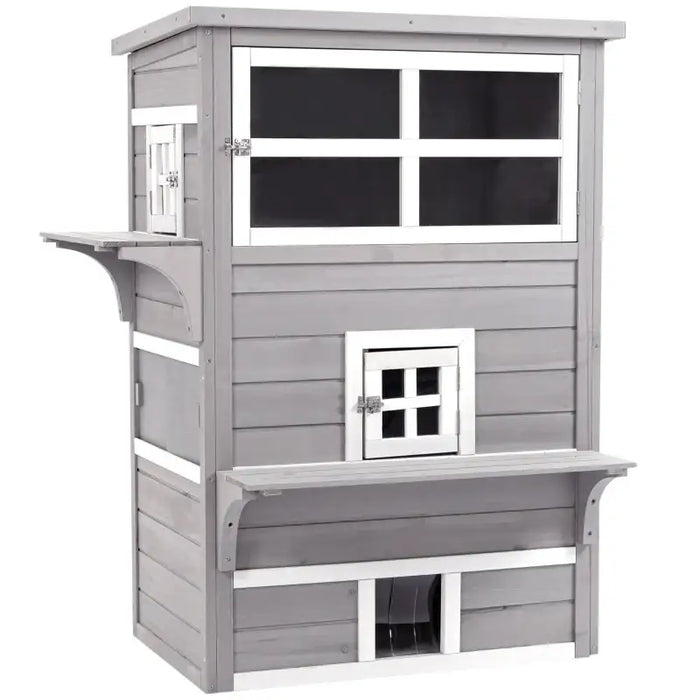 3-Tier Outdoor Cat House – Grey and White | Asphalt Roof, Windows and Platforms PAWHUT - Little and Giant Explorers PawHut