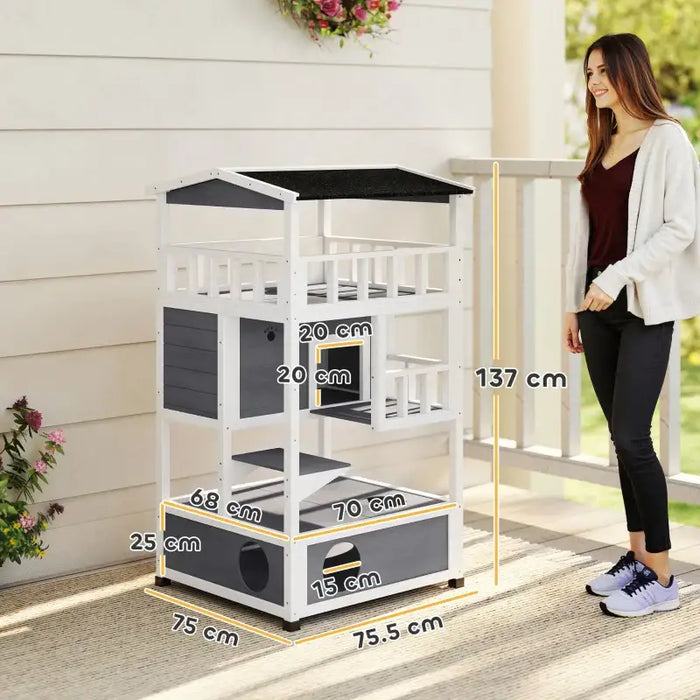 3-Tier Wooden Cat House – Grey and White | Outdoor Shelter - Balcony and Jump Step PAWHUT - Little and Giant Explorers PawHut