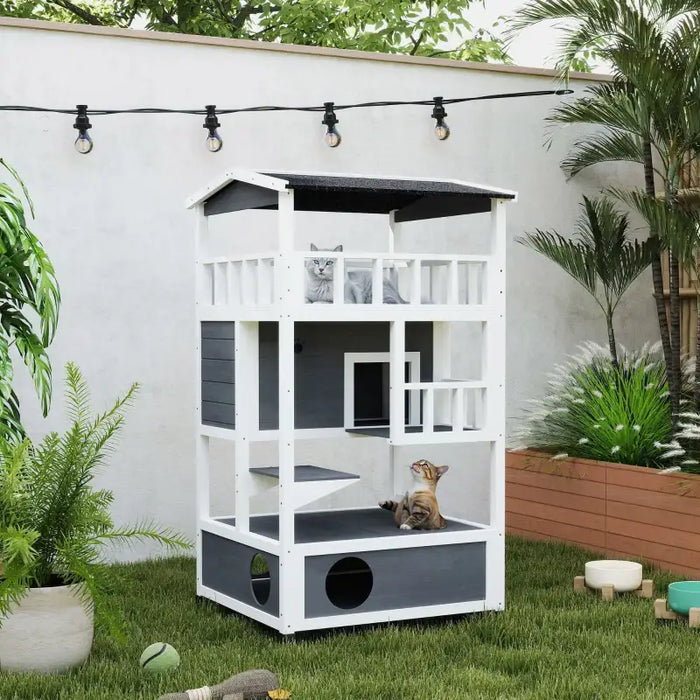 3-Tier Wooden Cat House – Grey and White | Outdoor Shelter - Balcony and Jump Step PAWHUT - Little and Giant Explorers PawHut