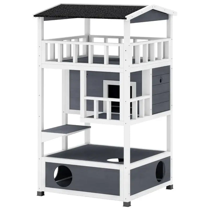 3-Tier Wooden Cat House – Grey and White | Outdoor Shelter - Balcony and Jump Step PAWHUT - Little and Giant Explorers PawHut